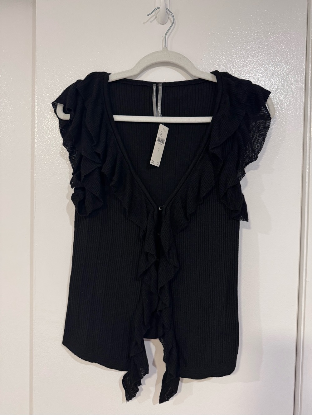 Anthropologie Black Ruffle-Front Ribbed V-Neck Blouse